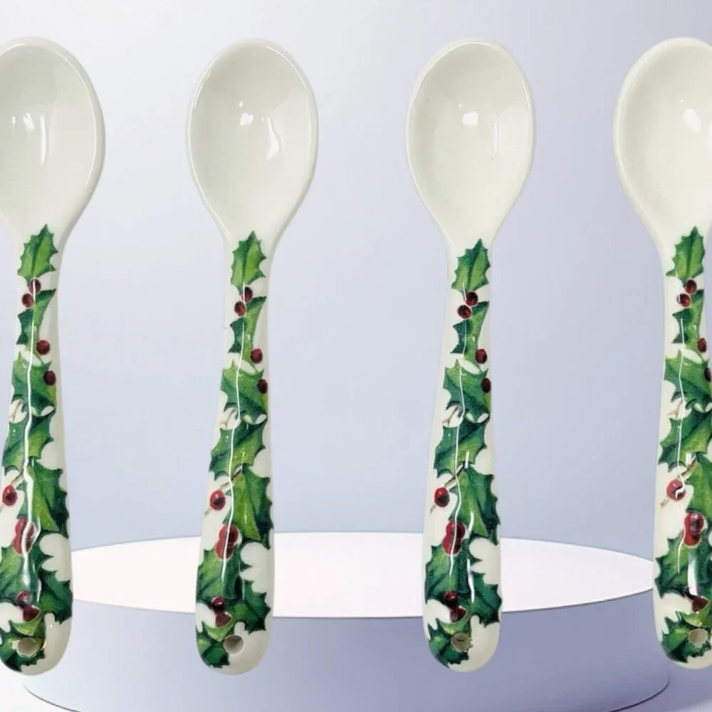 Williams-Sonoma Vintage Postcard Porcelain Spoons Set of Four 6.5 Christmas
